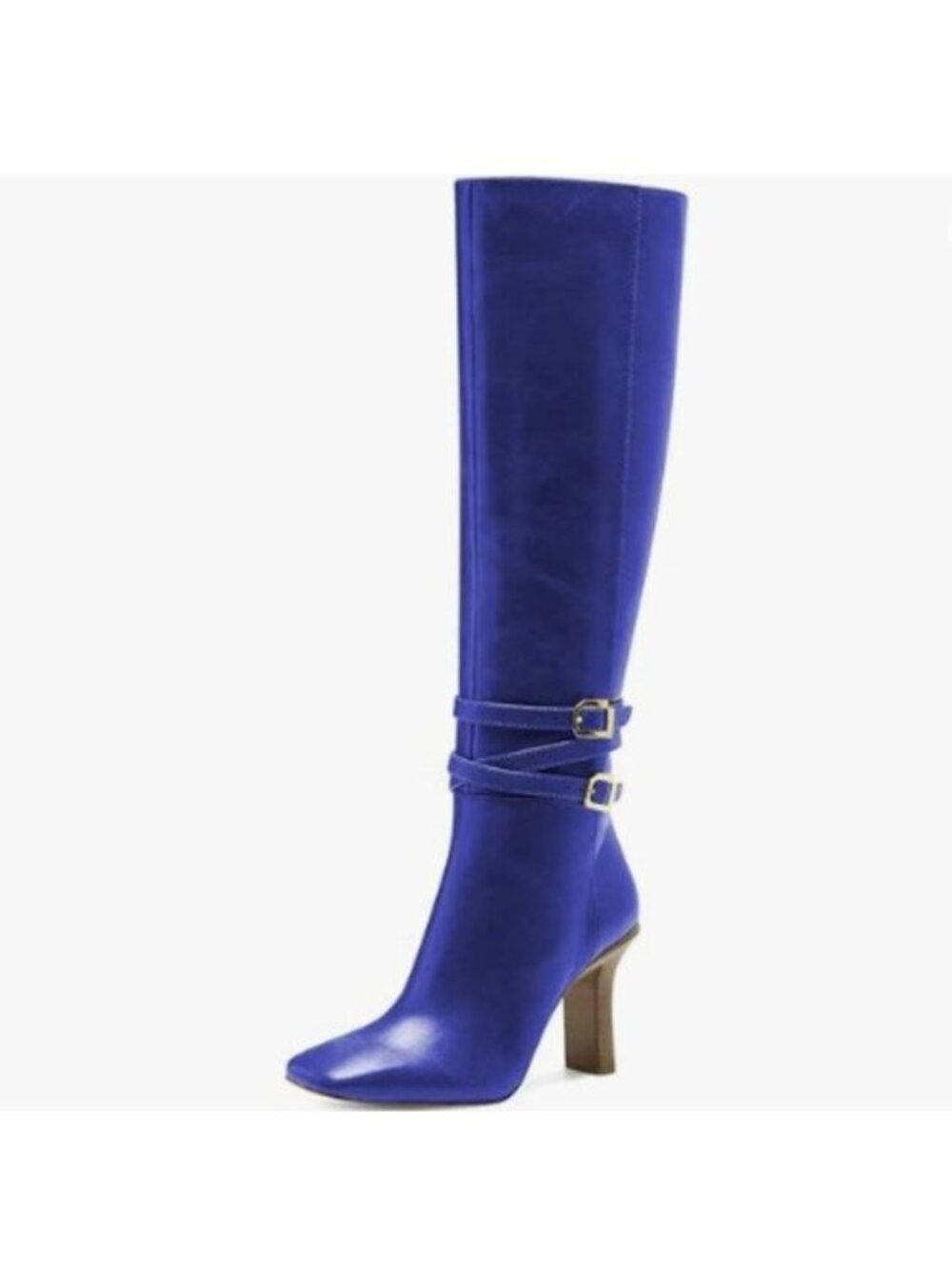 FSJ Women Fashion Knee High Long Boots Pull On Closed Toe Chunky Mid Heel Blue